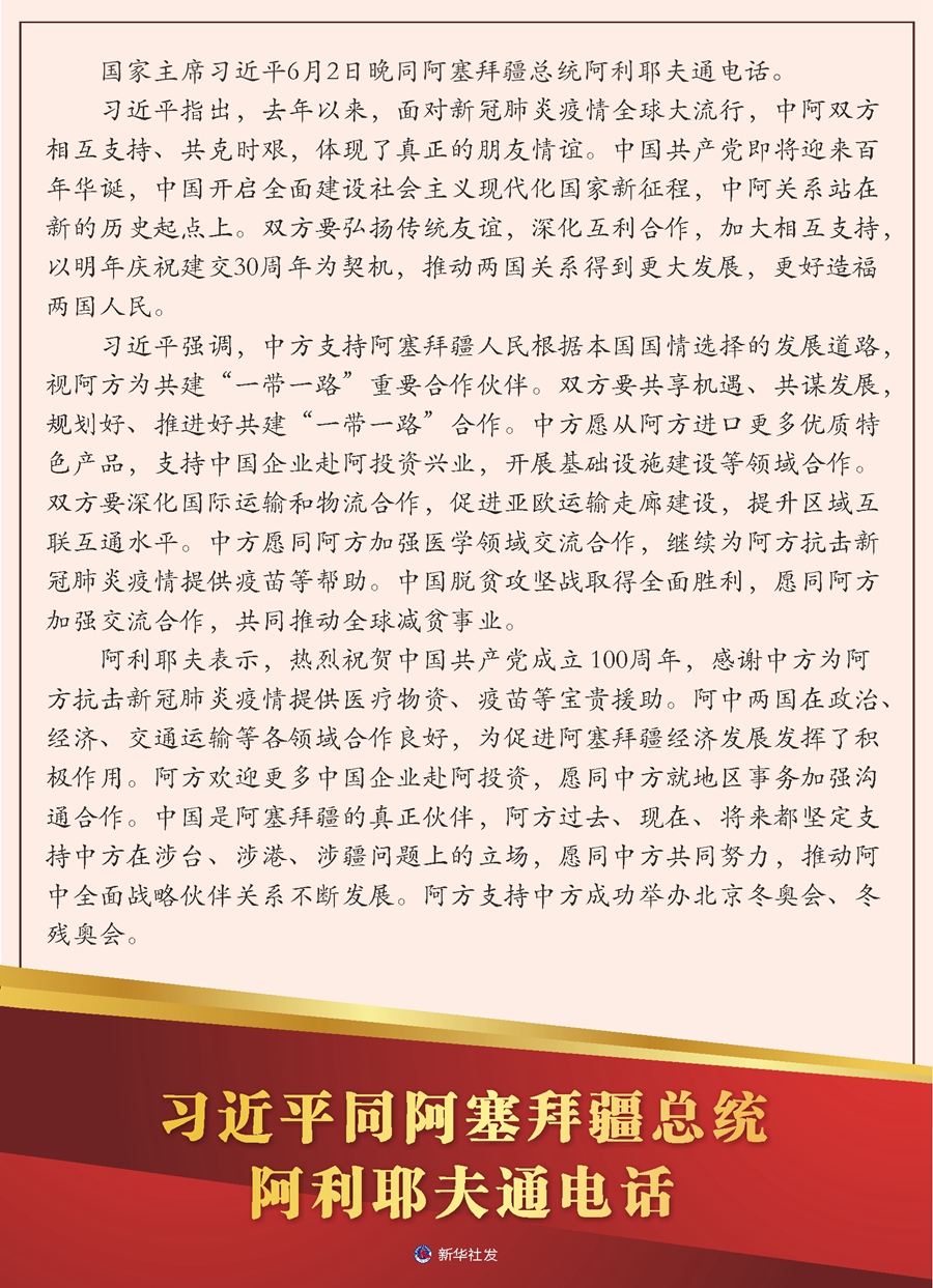 習(xí)近平同阿塞拜疆總統(tǒng)阿利耶夫通電話